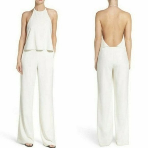 Halston Heritage Flowy Halter Crepe Cream Jumpsuit 2 - Picture 1 of 12